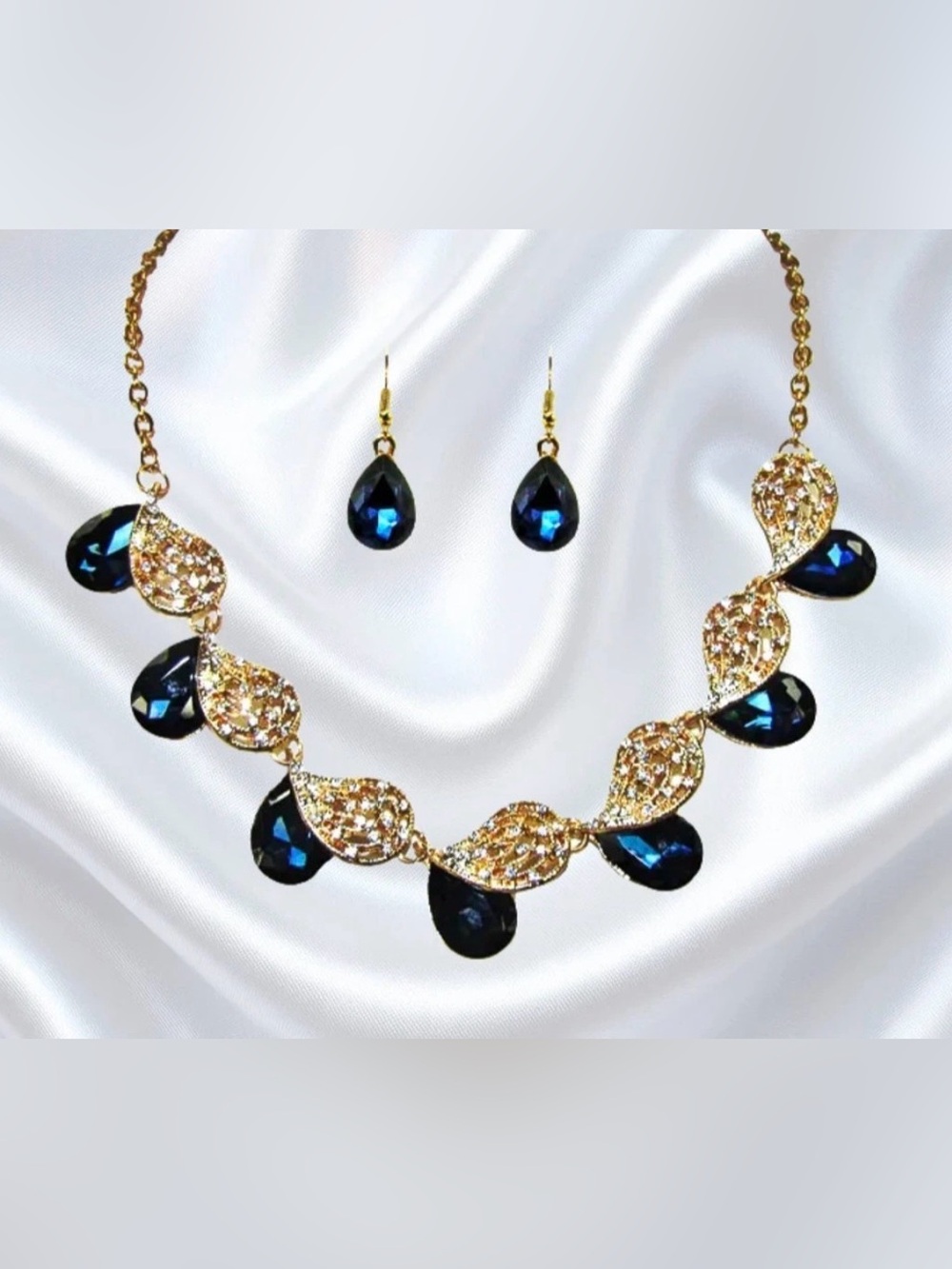 Blue Crystal Necklace and Earring Set Elegant Formal w/ teardrop crystals  NEW